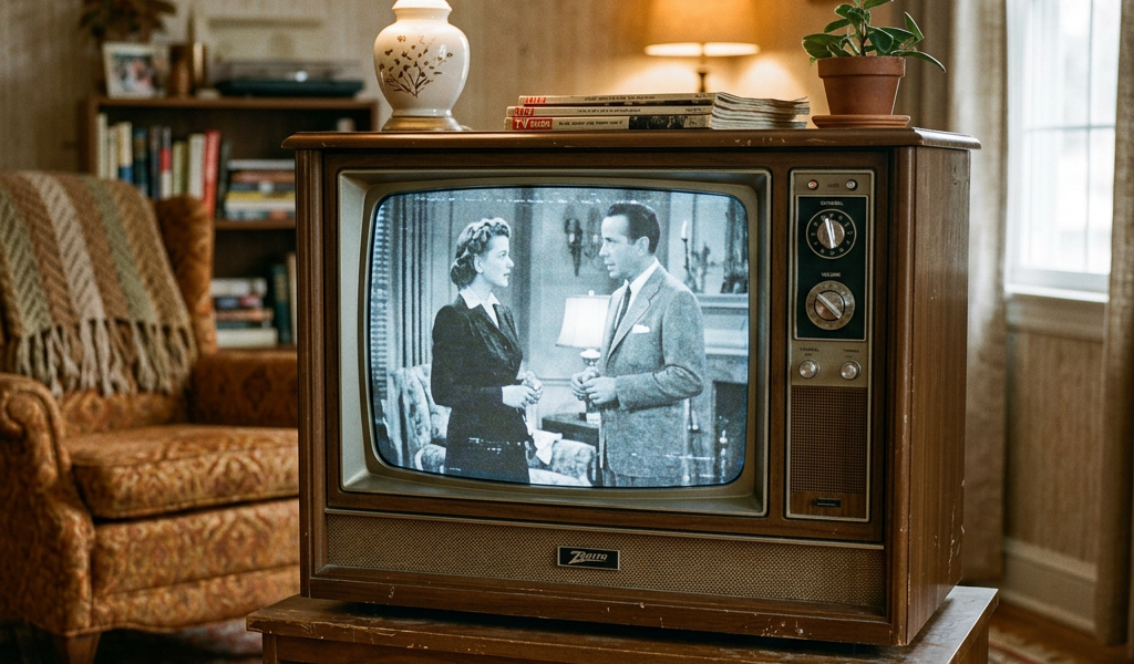 Vintage television showing a black-and-white program in a cozy living room