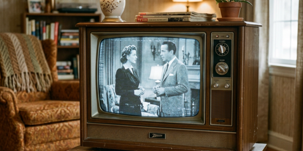 Vintage television showing a black-and-white program in a cozy living room