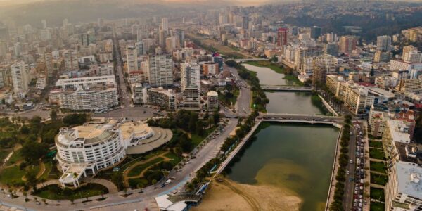 city with river on sea coast in chile at sunset